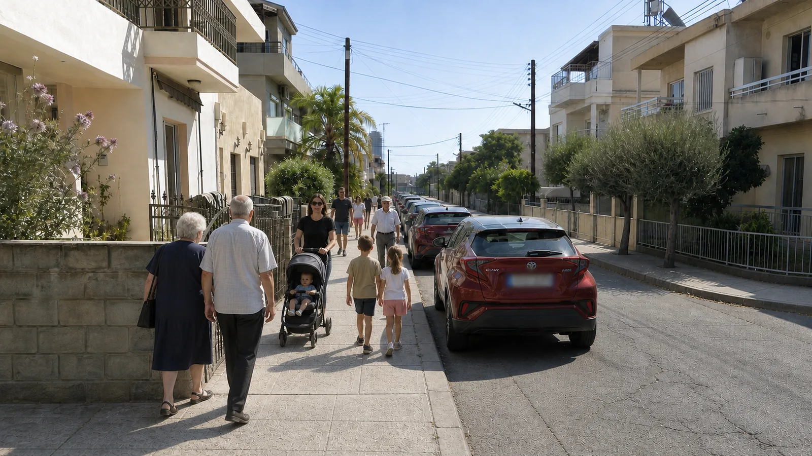A residential street in Cyprus after the change: people walking along a wide pavement, cars parked in a marked row along the kerb