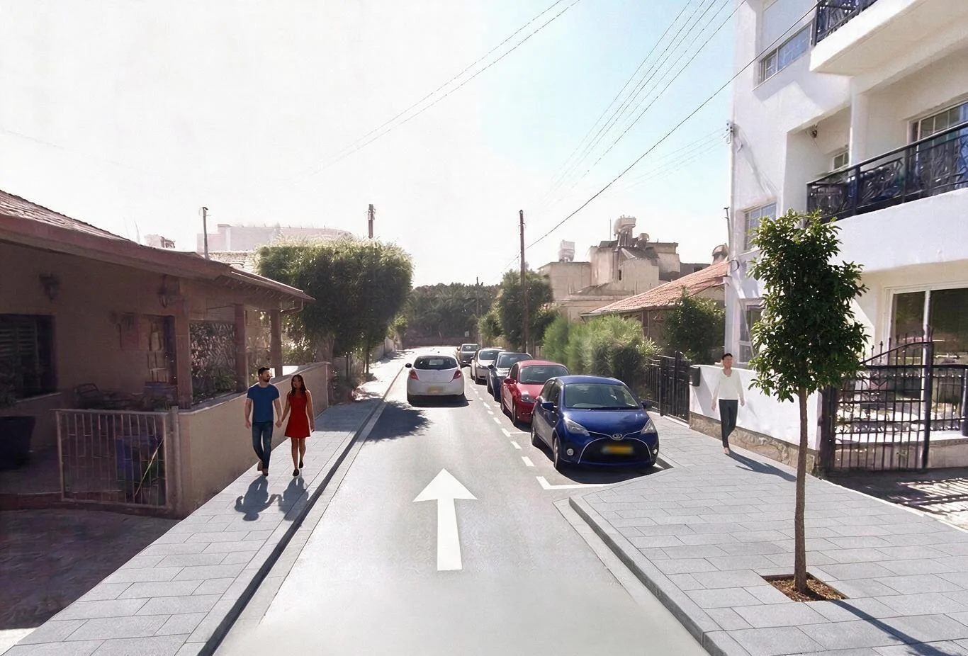 Απεικόνιση της οδού Ακάμαντος μετά την ανάπλαση: ένα ζευγάρι περπατά σε φαρδύ πεζοδρόμιο, αυτοκίνητα σε οργανωμένες θέσεις